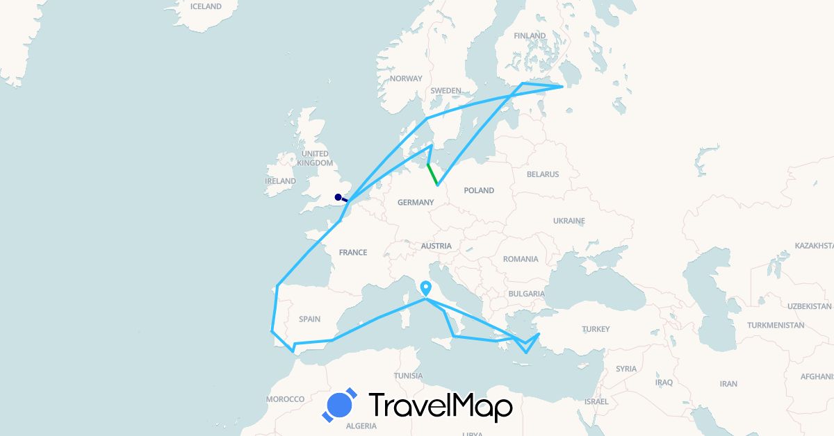 TravelMap itinerary: driving, bus, boat in Germany, Denmark, Estonia, Spain, Finland, France, United Kingdom, Greece, Italy, Portugal, Russia, Sweden, Turkey (Asia, Europe)